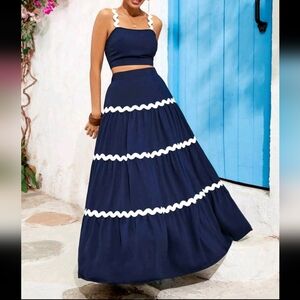 2pcs Set: Blue Floral Trim Camisole Top & Long A-Line Skirt